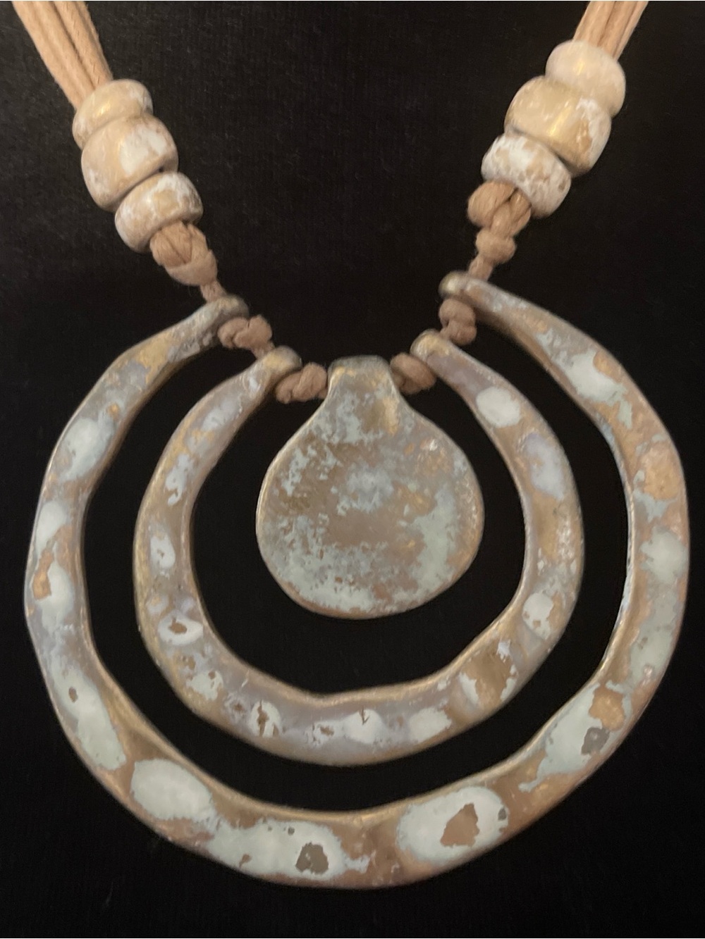 Boho Multi-Ring Pendant Necklace in Distressed Cream and Tan